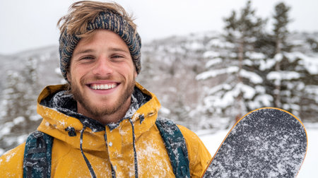 A smiling snowboarder in yellow jacket against snowy landscapeの素材