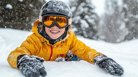 A joyful child in yellow jacket enjoys snowy landscape while snowboardingの素材