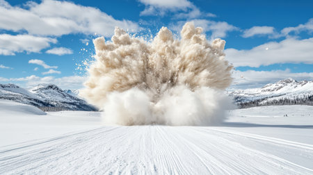 A dramatic explosion in snowy landscape creates striking contrast against blue skyの素材