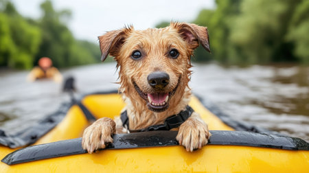 A Happy rescue dog enjoying ride in yellow raft on riverの素材