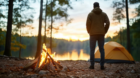 A man standing by campfire at sunset near lake and tentの素材