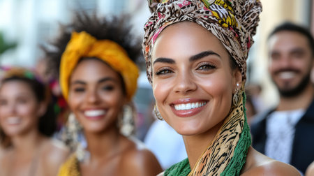 A Smiling women with colorful headwraps celebrating diversity and cultureの素材