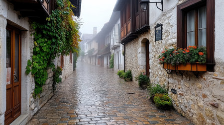 A misty morning in small town with old lampposts and cobblestone streetsの素材
