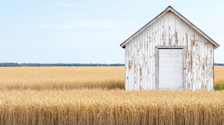 A weathered barn with peeling paint stands in golden wheat field, evoking nostalgiaの素材