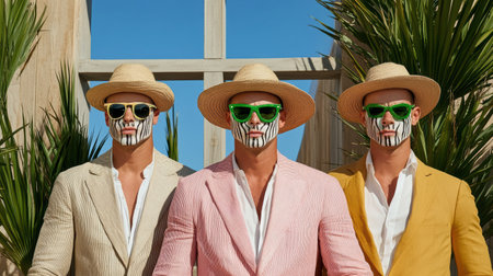 A Stylish men with painted faces and sunglasses at vibrant outdoor eventの素材