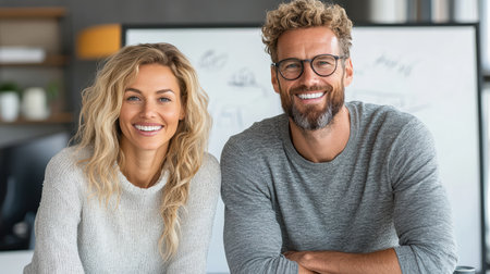 A Smiling colleagues posing together in modern office settingの素材