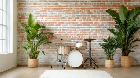 A Bright room with drum set and indoor plants against brick wallの素材