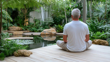 A Meditating man enjoying tranquility in lush garden settingの素材