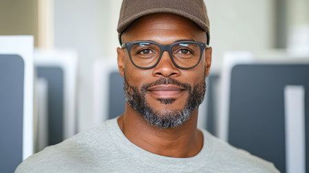 A man with glasses and cap, showing confidence and determinationの素材