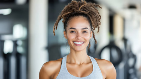 An Energetic woman smiling in gym, showcasing fitness and healthの素材