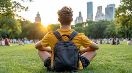 A student enjoying free concert in park at sunset, surrounded by natureの素材