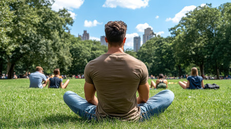 A person sitting cross legged in park, enjoying sunny dayの素材