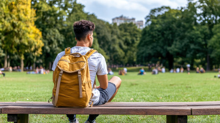 A student relaxing in park, enjoying free concert with backpackの素材