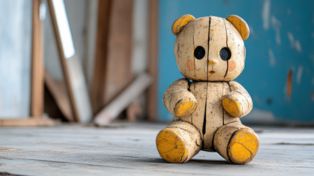 A cracked vintage bear doll with haunting gaze in abandoned spaceの素材