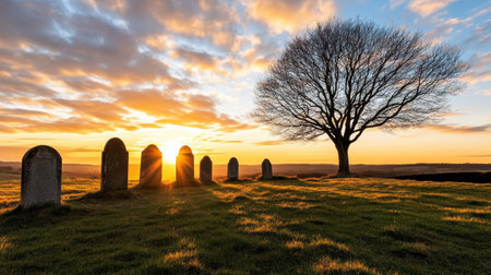 A serene graveyard at sunset with shadows and lone treeの素材