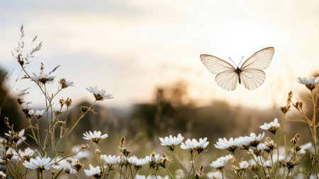 A peaceful meadow with wildflowers and butterfly fluttering gracefullyの素材