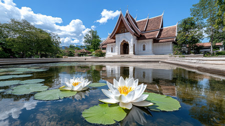 A serene temple reflecting in pond with lotus flowers floating gracefullyの素材