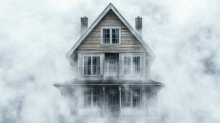 A haunting house shrouded in fog, evoking eerie feelings of mysteryの素材