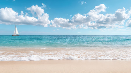 A serene beach view with gentle waves and sailboat on horizonの素材