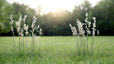 A Whispering grasses in serene meadow with sunlight filtering throughの素材