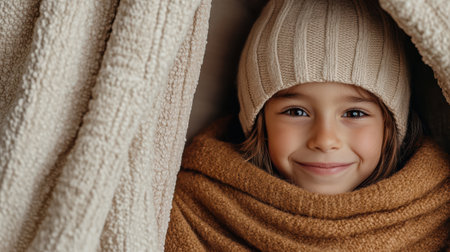 A Cozy child smiling warmly, wrapped in soft blankets and knit hatの素材