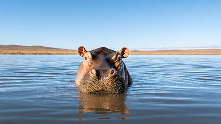 A hippopotamus swimming in calm water under clear blue skyの素材