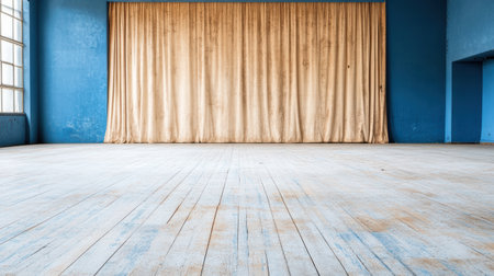 A desolate theater with torn curtains and worn wooden floor evokes nostalgiaの素材
