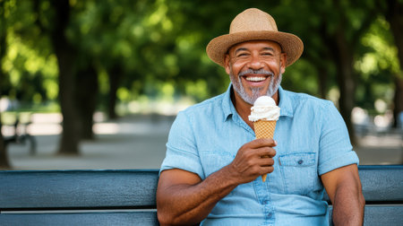A cheerful man enjoying ice cream on park bench under green treesの素材