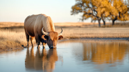 A buffalo peacefully drinking from pond, surrounded by nature beautyの素材