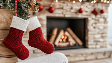 A Cozy fireplace with red stockings, perfect for holiday warmth and cheerの素材