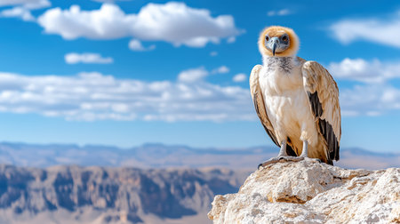 A majestic vulture perched on rocky cliff against blue skyの素材