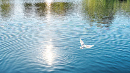 A bird gliding silently over tranquil lake, creating ripples in waterの素材