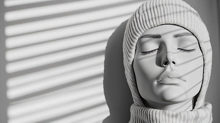 A lifeless mannequin with closed eyes, wearing striped hood, in soft lightの素材