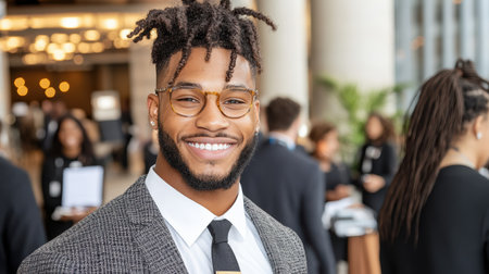 A young professional smiling at networking event, dressed in suitの素材