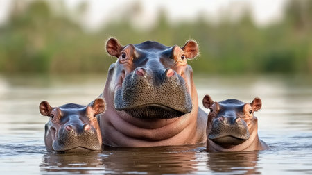 A Hippopotamus family enjoying peaceful moment in muddy waterの素材