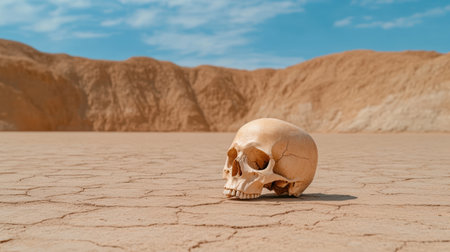 A hollow skull resting on barren ground, evoking lifeless atmosphereの素材
