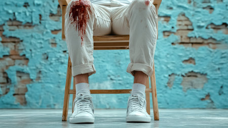 A Bloodied victim tied to chair in horror film set, evoking fearの素材