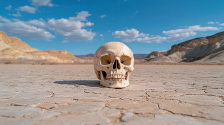 A hollow skull resting on barren ground under blue sky evokes lifelessnessの素材