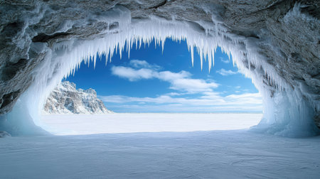 A stunning ice cave with icicles and bright blue sky viewの素材
