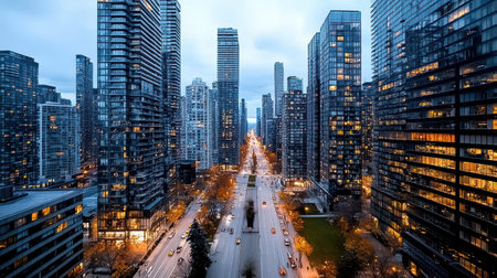 A lifeless cityscape at twilight with hollow skyscrapers and empty streetsの素材
