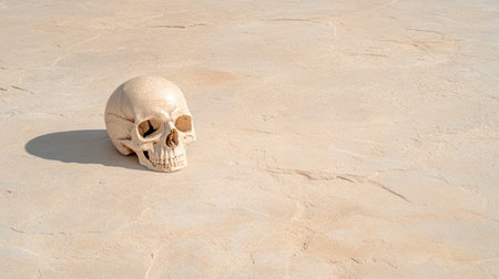 A hollow skull resting on barren ground, evoking lifeless atmosphereの素材
