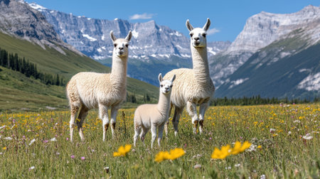 A Llama family with baby llama exploring sunny field in natureの素材