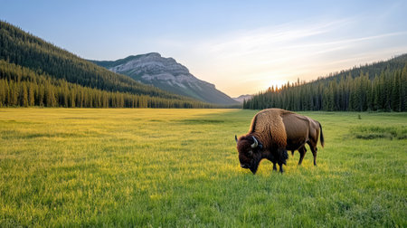 A majestic bison grazing on lush green meadow under clear skyの素材