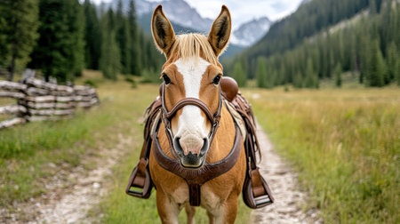 A mule with saddle stands ready for mountain trail ride in natureの素材