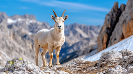 A majestic ibex standing on rocky terrain with snow capped mountains in backgroundの素材