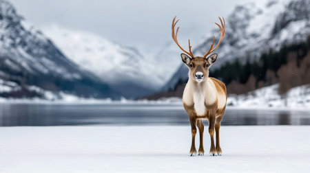 A majestic reindeer with antlers standing in snowy landscapeの素材