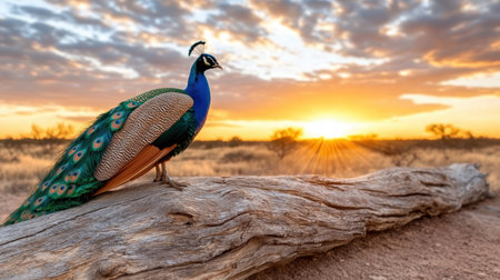 A peacock perched on log at sunset, showcasing vibrant colors and beautyの素材