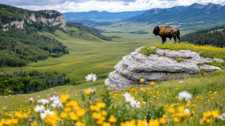 A solitary bison stands majestically rocky outcrop, overlooking lush valley filled withの素材