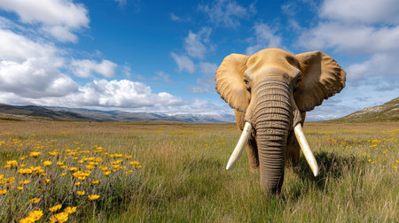 A Majestic elephant standing in field of wildflowers under blue skyの素材