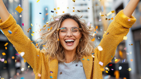A Happy woman celebrating with confetti in city street, joyful expressionの素材